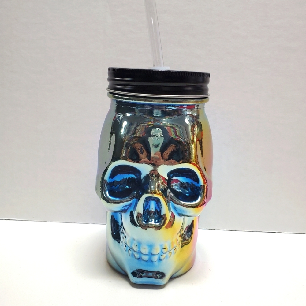 Rainbow Holographic Glass Skull Mason jar